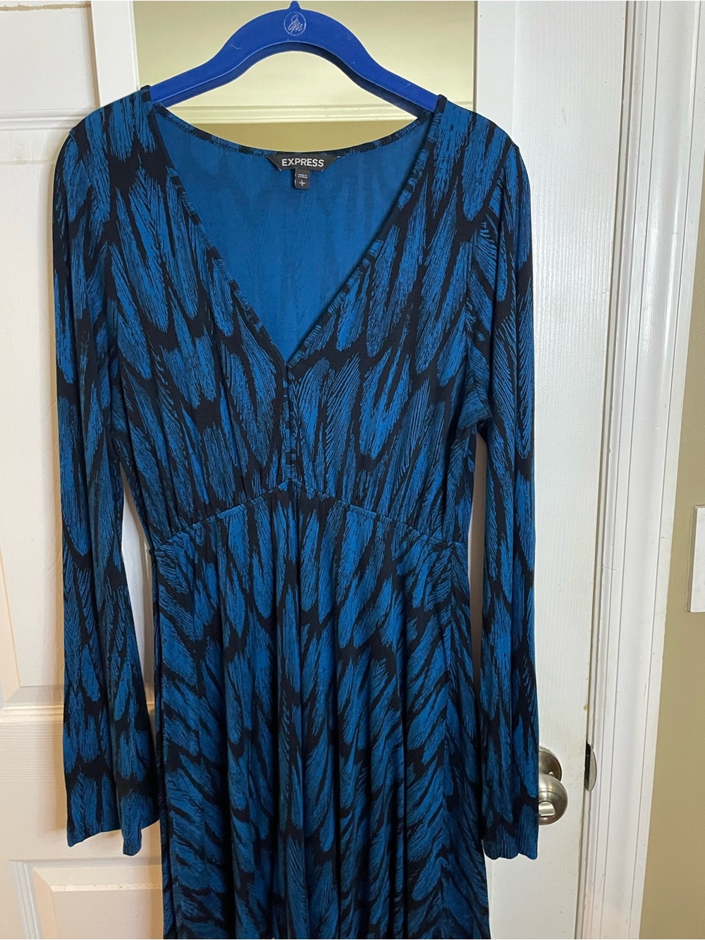 EXPRESS Blue & Black Abstract Print Long Sleeve Skater Mini Dress – Size L